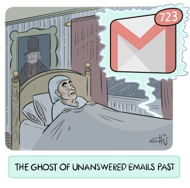 A cartoon titled The Ghost of Unanswered Emails Past